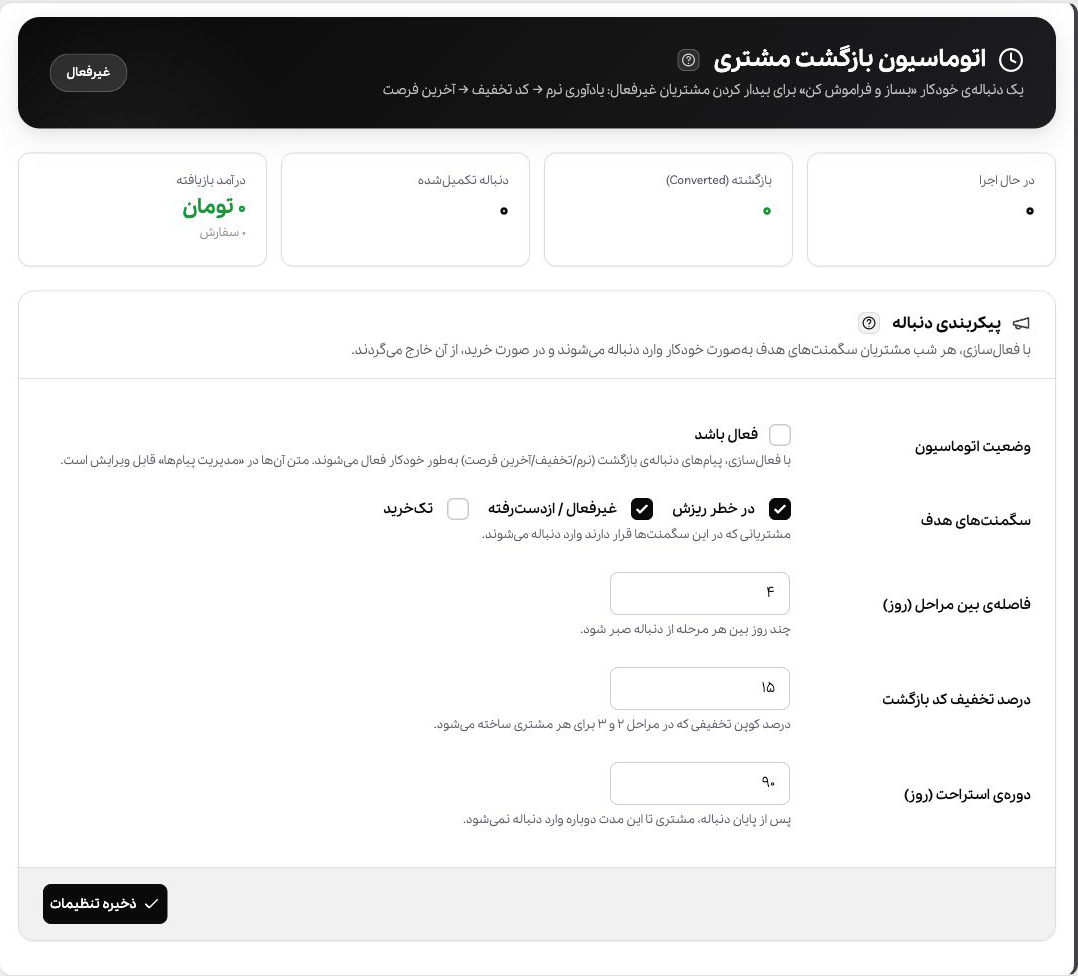 داشبورد اتوماسیون بازگشت مشتری افزونه نبض